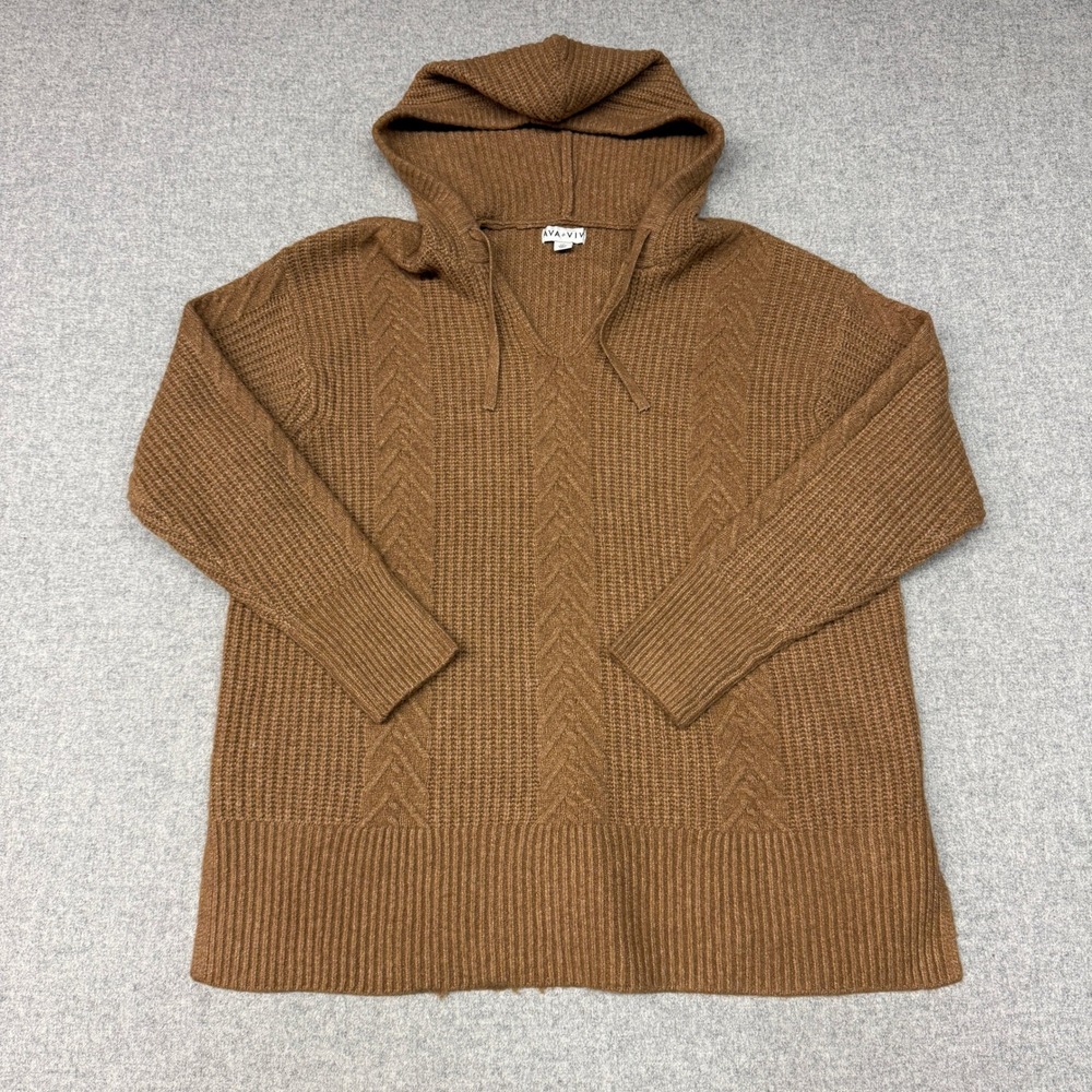 Ava & Viv | Hooded Cable Knit Sweater | XXL | Brown |V-Neck Pullover Long Sleeve